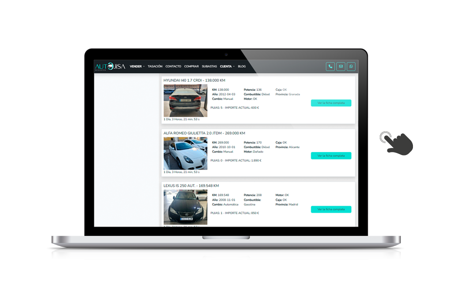 Mockup de una plataforma de subastas online de coches mostrando vehículos y pujas en tiempo real para vender coches